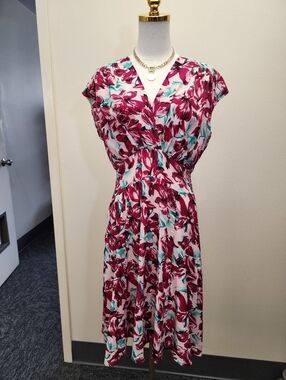 Missmay Floral Midi Dress Berry Teal V Neck Feminine Spring Event Dress Large